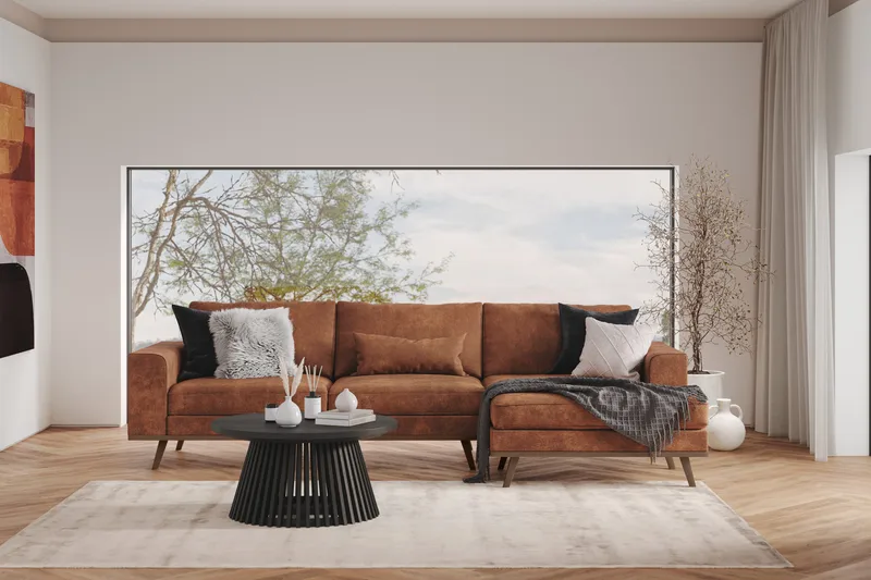 Copenhagen 4-istuttava Oikeakätinen L-muotoinen Divaanisohva Keinonahkalla - Ruskea - Huonekalut - Sohva - Divaanisohva