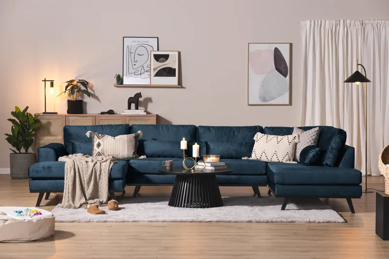 Copenhagen 5-istuttava Oikeakätinen U-muotoinen Sohva Divaanilla ja Divaanituolilla Sametilla - Sininen - Huonekalut - Sohva - Divaanisohva