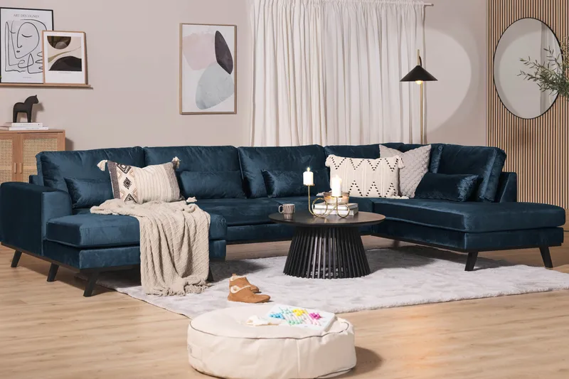 Copenhagen 5-istuttava Oikeakätinen U-muotoinen Sohva Divaanilla ja Divaanituolilla Sametilla - Sininen - Huonekalut - Sohva - Divaanisohva
