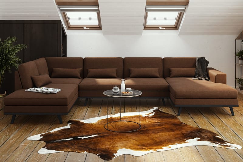 Copenhagen 5-istuttava Vasenkätinen U-muotoinen Sohva Divaanilla ja Schäslongilla Kankaalla - Ruskea - Huonekalut - Sohva - Divaanisohva