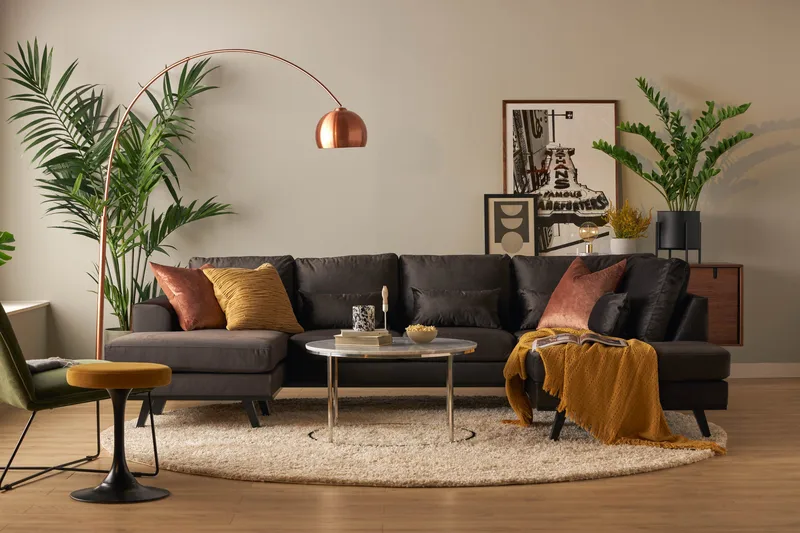 Copenhagen Compact 4-istuttava Oikeakätinen U-muotoinen Large Sohva Divaanilla ja Schäslongilla Sametilla - Tummanharmaa - Huonekalut - Sohva - Divaanisohva