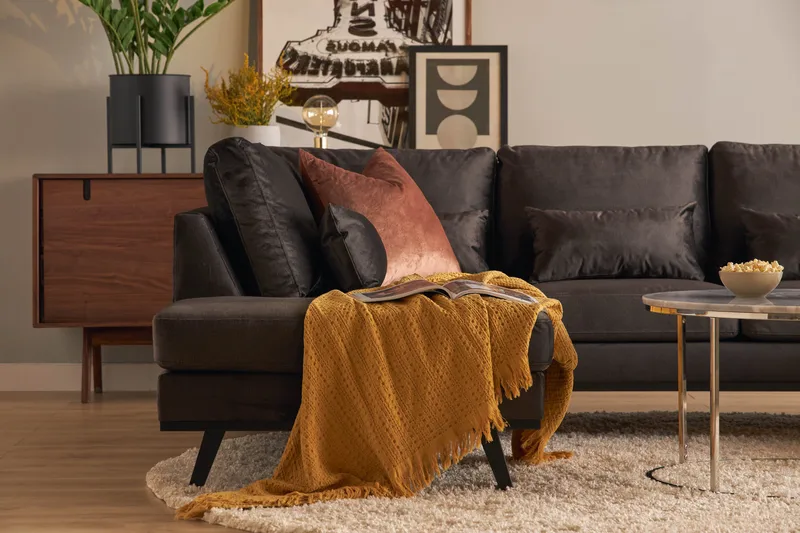 Copenhagen Compact 4-istuttava Vasenkätinen U-muotoinen Large Sohva Divaanilla ja Schäslongilla Sametilla - Tummanharmaa - Huonekalut - Sohva - Divaanisohva