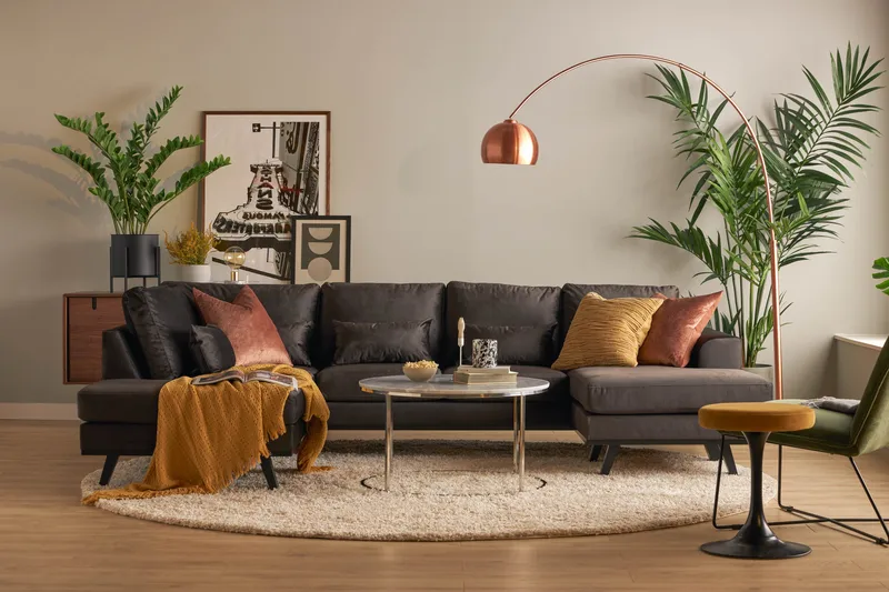 Copenhagen Compact 4-istuttava Vasenkätinen U-muotoinen Large Sohva Divaanilla ja Schäslongilla Sametilla - Tummanharmaa - Huonekalut - Sohva - Divaanisohva