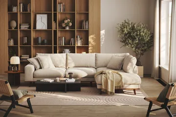 Copenhagen Premium 4-istuttava Oikeakätinen L-muotoinen Sohva Schäslongilla Chenillekankaalla - Beige - Huonekalut - Sohva - Divaanisohva