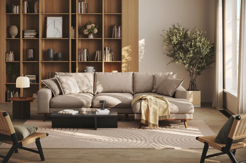 Copenhagen Premium 4-istuttava Oikeakätinen L-muotoinen Divaanisohva Kankaasta - Vaaleanruskea - Huonekalut - Sohva - Divaanisohva - 3 istuttava sohva divaanilla