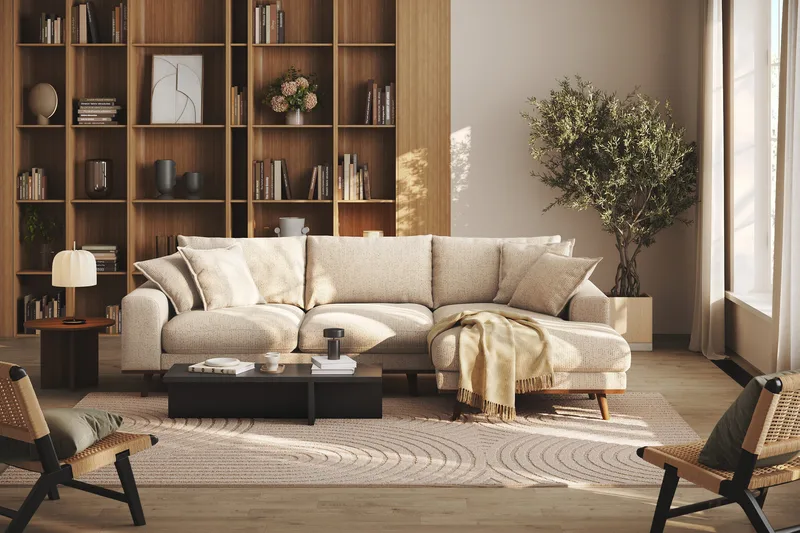 Copenhagen Premium 4-istuttava Oikeakätinen L-muotoinen Divaanisohva Chenillekankaalla - Beige - Huonekalut - Sohva - Divaanisohva