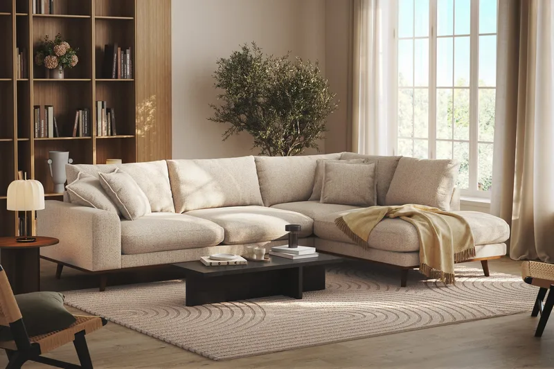 Copenhagen Premium 4-istuttava Oikeakätinen L-muotoinen Sohva Schäslongilla Chenillekankaalla - Beige - Huonekalut - Sohva - Divaanisohva