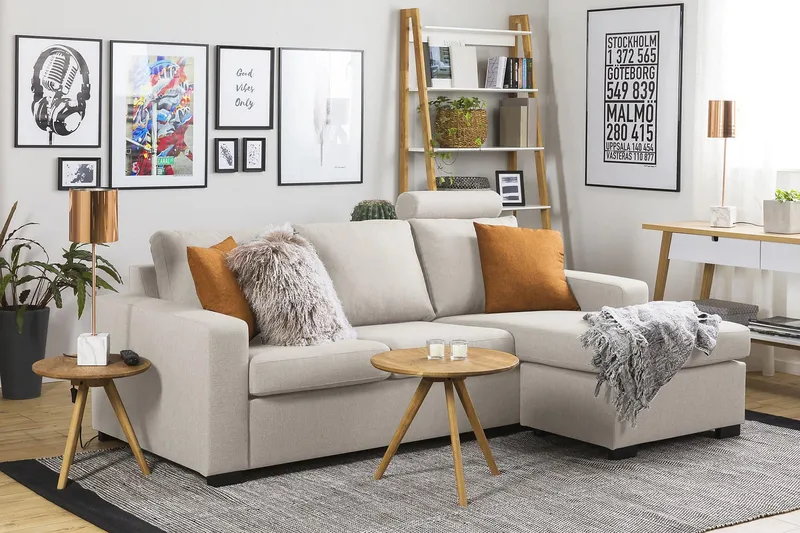 Crazy 3-istuttava Käännettävä L-muotoinen Divaanisohva Kankaalla - Beige - Huonekalut - Sohva - Divaanisohva - 3 istuttava sohva divaanilla