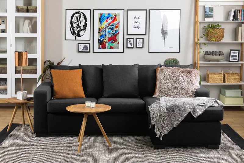 Crazy 3-istuttava Käännettävä L-muotoinen Divaanisohva Kankaalla sis. Kuorityynyt - Tummanharmaa - Huonekalut - Sohva - Divaanisohva - 3 istuttava sohva divaanilla