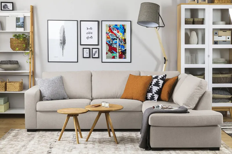 Crazy 3-istuttava Oikeakätinen L-muotoinen Divaanisohva Kankaalla - Beige - Huonekalut - Sohva - Divaanisohva - 3 istuttava sohva divaanilla