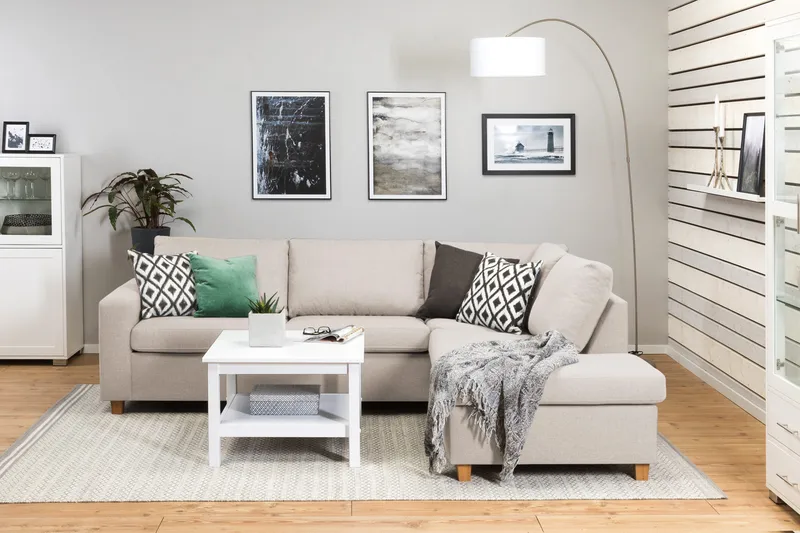 Crazy 3-istuttava Oikeakätinen L-muotoinen Divaanisohva Kankaalla - Beige - Huonekalut - Sohva - Divaanisohva - 3 istuttava sohva divaanilla