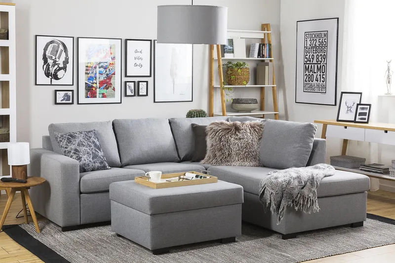 Crazy 3-istuttava Oikeakätinen L-muotoinen Divaanisohva Kankaalla - Harmaa - Huonekalut - Sohva - Divaanisohva - 2 istuttava sohva divaanilla