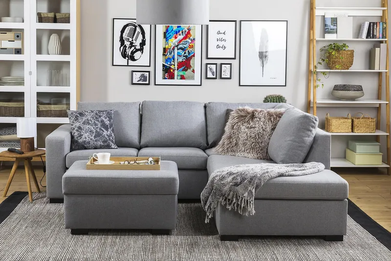 Crazy 3-istuttava Oikeakätinen L-muotoinen Divaanisohva Kankaalla - Harmaa - Huonekalut - Sohva - Divaanisohva - 2 istuttava sohva divaanilla