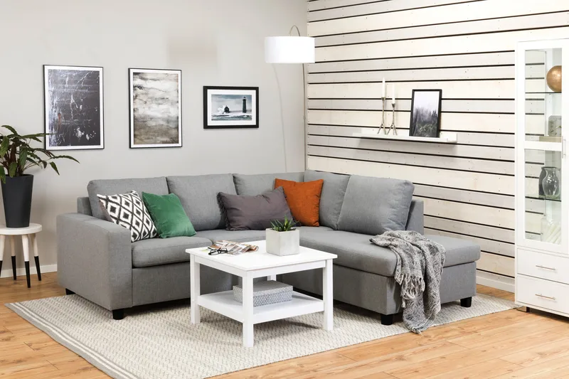 Crazy 3-istuttava Oikeakätinen L-muotoinen Divaanisohva Kankaalla - Harmaa - Huonekalut - Sohva - Divaanisohva - 2 istuttava sohva divaanilla