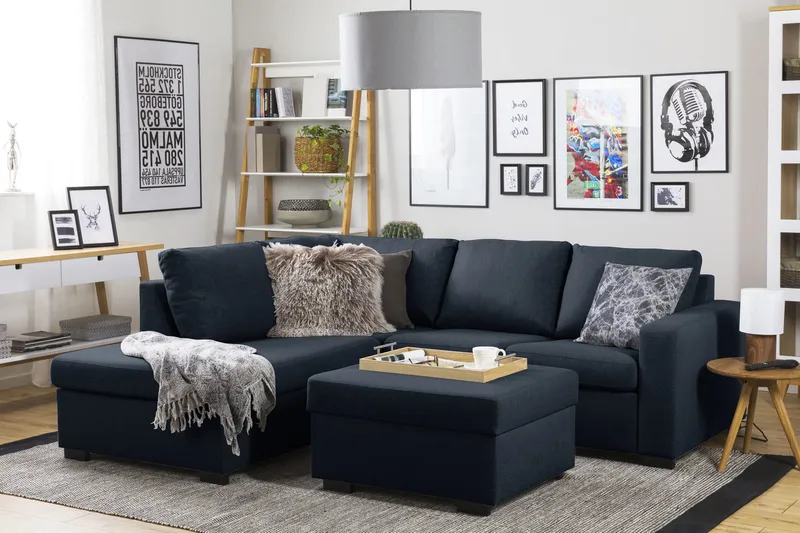 Crazy 3-istuttava Vasenkätinen L-muotoinen Schäslongsohva Kankaalla - Sininen - Huonekalut - Sohva - Divaanisohva - 3 istuttava sohva divaanilla