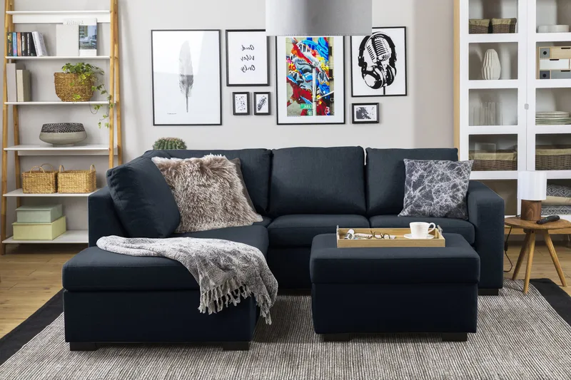 Crazy 3-istuttava Vasenkätinen L-muotoinen Schäslongsohva Kankaalla - Sininen - Huonekalut - Sohva - Divaanisohva - 3 istuttava sohva divaanilla