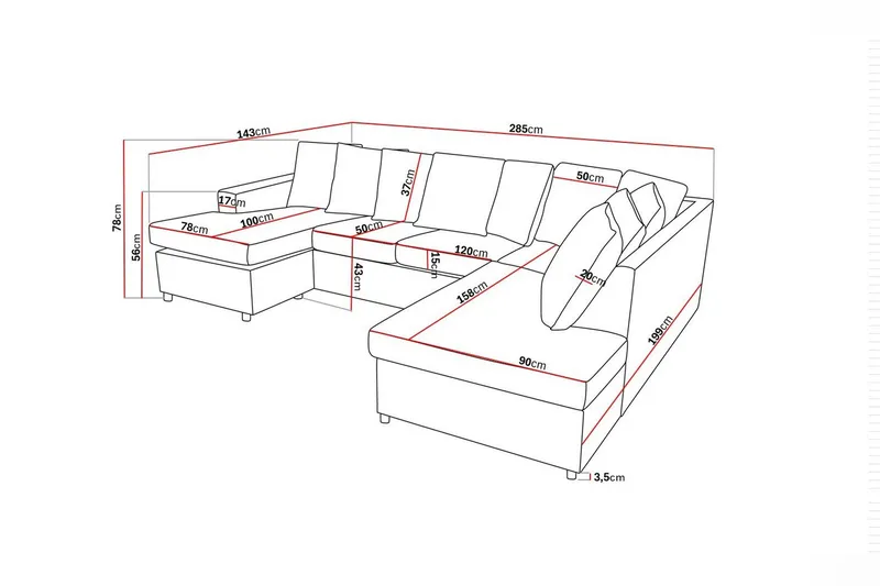 Crazy 4-istuttava Oikeakätinen U-muotoinen Large Sohva Divaanilla ja Schäslongilla Kankaalla sis. Kuorityynyt - Antrasiitti - Huonekalut - Sohva - Divaanisohva
