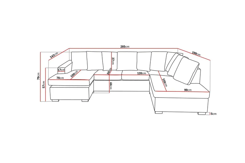 Crazy 4-istuttava Oikeakätinen U-muotoinen Large Sohva Divaanilla ja Schäslongilla Kankaalla sis. Kuorityynyt - Harmaa - Huonekalut - Sohva - Divaanisohva