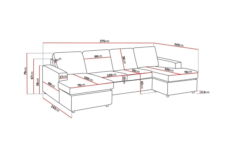 Crazy 4-istuttava U-muotoinen Sohva Kaksoisdivaanilla Kankaalla - Antrasiitti - Huonekalut - Sohva - Divaanisohva