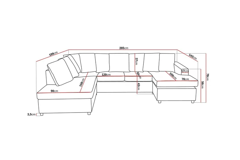 Crazy 4-istuttava Vasenkätinen U-muotoinen Large Sohva Divaanilla ja Schäslongilla Kankaalla sis. Kuorityynyt - Antrasiitti - Huonekalut - Sohva - Divaanisohva