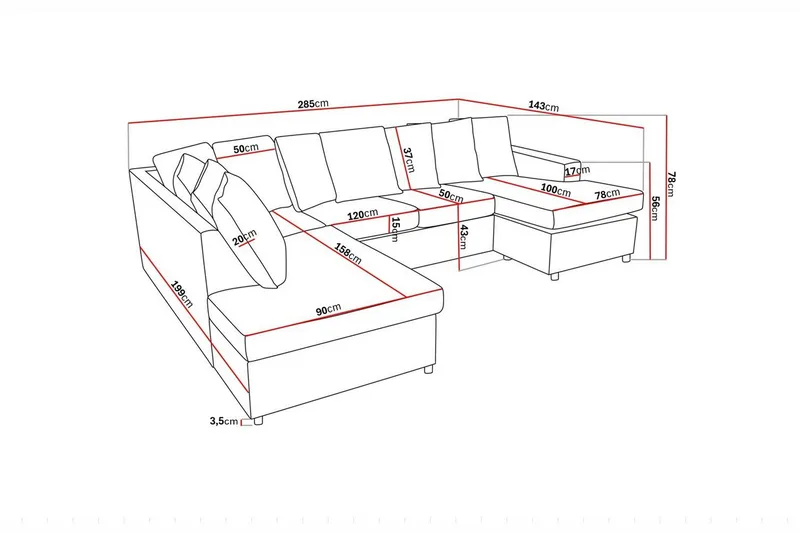 Crazy 4-istuttava Vasenkätinen U-muotoinen Large Sohva Divaanilla ja Schäslongilla Kankaalla sis. Kuorityynyt - Antrasiitti - Huonekalut - Sohva - Divaanisohva