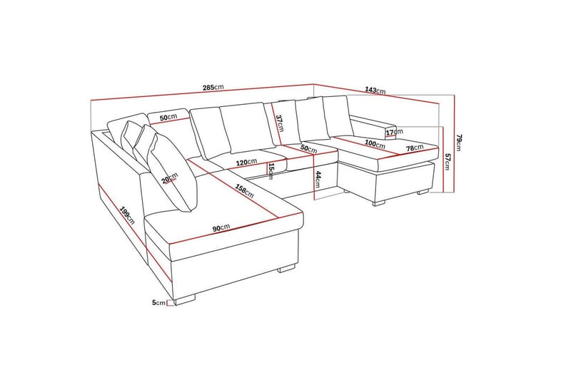 Crazy 4-istuttava Vasenkätinen U-muotoinen Large Sohva Divaanilla ja Schäslongilla Kankaalla sis. Kuorityynyt - Tummanharmaa - Huonekalut - Sohva - Divaanisohva