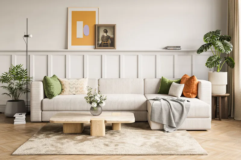Hagblom 4-paikkainen Käännettävä Divaanisohva 320 cm Säilytystilalla Manchesterkankaasta - Beige - Huonekalut - Sohva - Divaanisohva