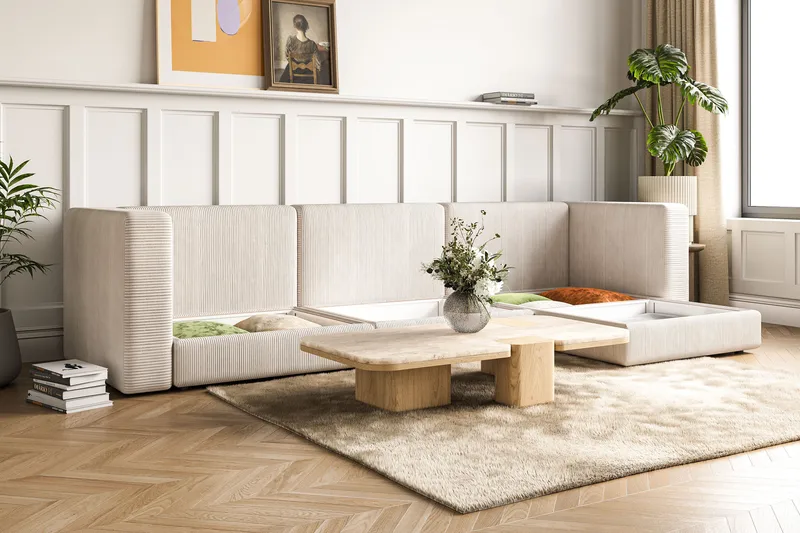 Hagblom 4-paikkainen Käännettävä Divaanisohva 320 cm Säilytystilalla Manchesterkankaasta - Beige - Huonekalut - Sohva - Divaanisohva