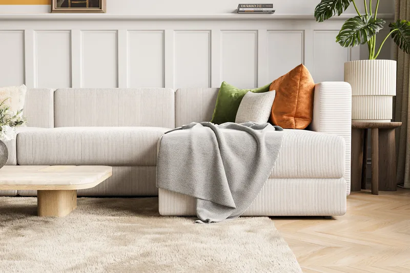 Hagblom 4-paikkainen Käännettävä Divaanisohva 320 cm Säilytystilalla Manchesterkankaasta - Beige - Huonekalut - Sohva - Divaanisohva