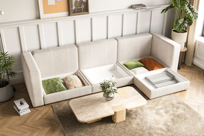 Hagblom 4-paikkainen Käännettävä Divaanisohva 320 cm Säilytystilalla Manchesterkankaasta - Beige - Huonekalut - Sohva - Divaanisohva