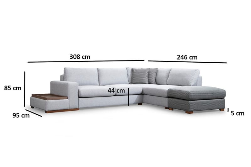 Huelva 5-istuttava oikeanpuoleinen l-muotoinen divaanisohva 308 cm kangasverhoiltu - Harmaa - Huonekalut - Sohva - Divaanisohva