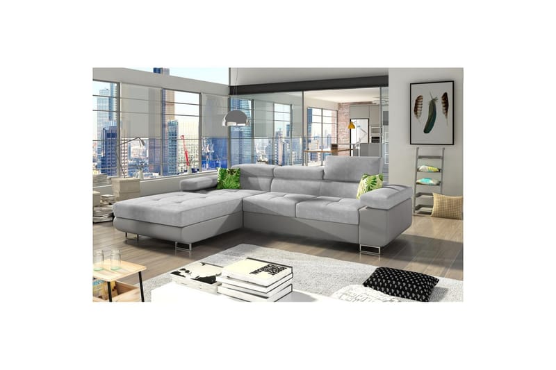 Kulmasohva Eltap Armando 289x85x203 cm - Soro 83, Soft 29, Valkoinen, Harmaa, Tyynyt: Jungle 32, Vihreä, Vasen - Huonekalut - Sohva - Divaanisohva - 3 istuttava sohva divaanilla