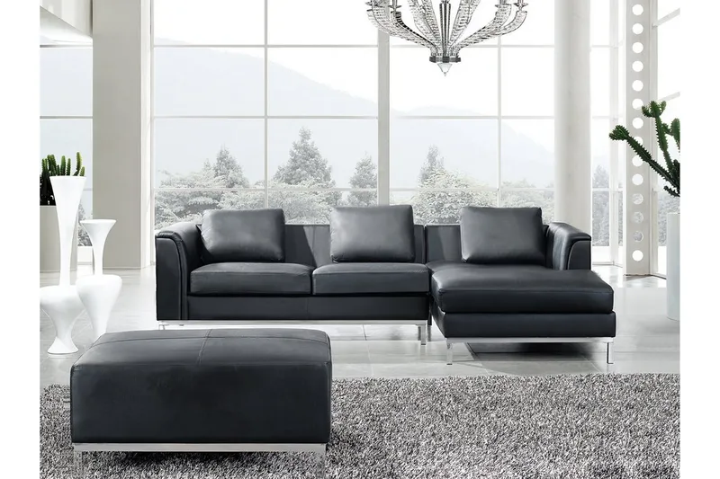 Kulmasohva Sharmon Vasen + Jalkarahi, Musta/Nahka