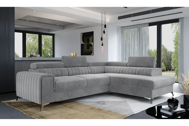 Laurece 4-istuttava oikeanpuoleinen l-muotoinen vuodesohva 125x210 cm pliisiä - Harmaa - Huonekalut - Sohva - Vuodesohva