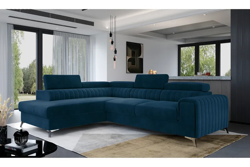 Laurece 4-istuttava vasenpuoleinen l-muotoinen vuodesohva 125x210 cm pliisiä, Sininen