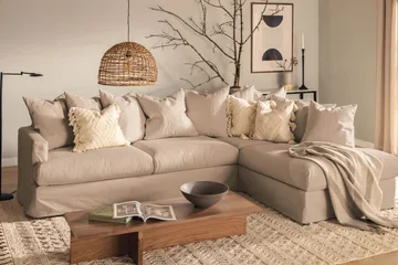 Menard 4-istuttava Oikeakätinen Syvä L-muotoinen Divaanisohva Kankaasta - Beige - Huonekalut - Sohva - Divaanisohva
