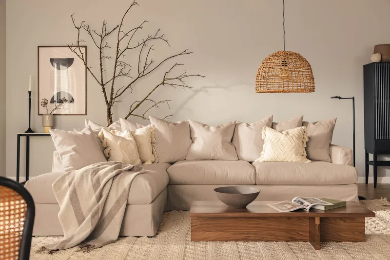 Menard 4-istuttava Vasenkätinen Syvä L-muotoinen Divaanisohva Kankaasta - Beige - Huonekalut - Sohva - Divaanisohva