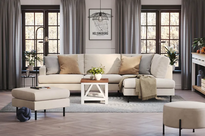 Menard Compact 4-istuttava Oikeakätinen L-muotoinen Divaanisohva Manchesterista - Beige - Huonekalut - Sohva - Divaanisohva