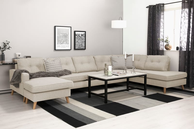 Monroe 6-istuttava Oikeakätinen U-muotoinen Large Sohva Divaanilla ja Divaaniosalla Kankaasta - Beige - Huonekalut - Sohva - Divaanisohva