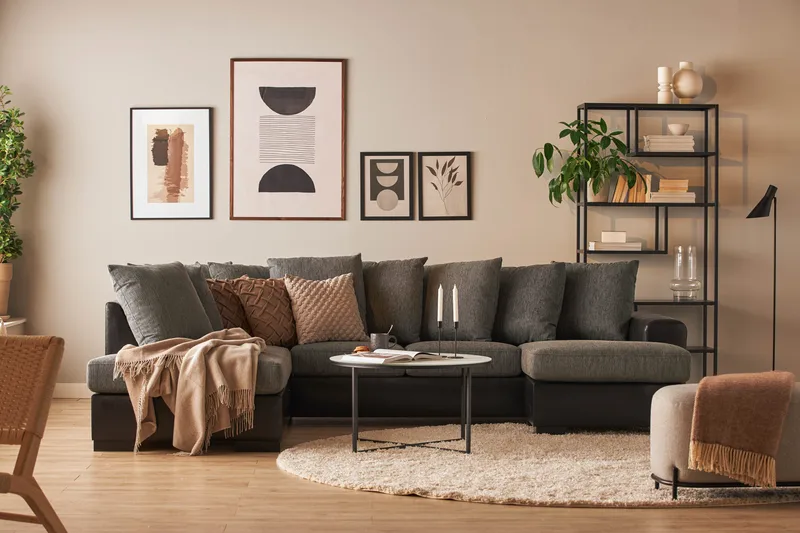 Ocean 4-istuttava Vasenkätinen U-muotoinen Sohva Divaanilla ja Divaaniosalla Keinonahkasta/Kankaasta - Harmaa / Musta - Huonekalut - Sohva - Divaanisohva