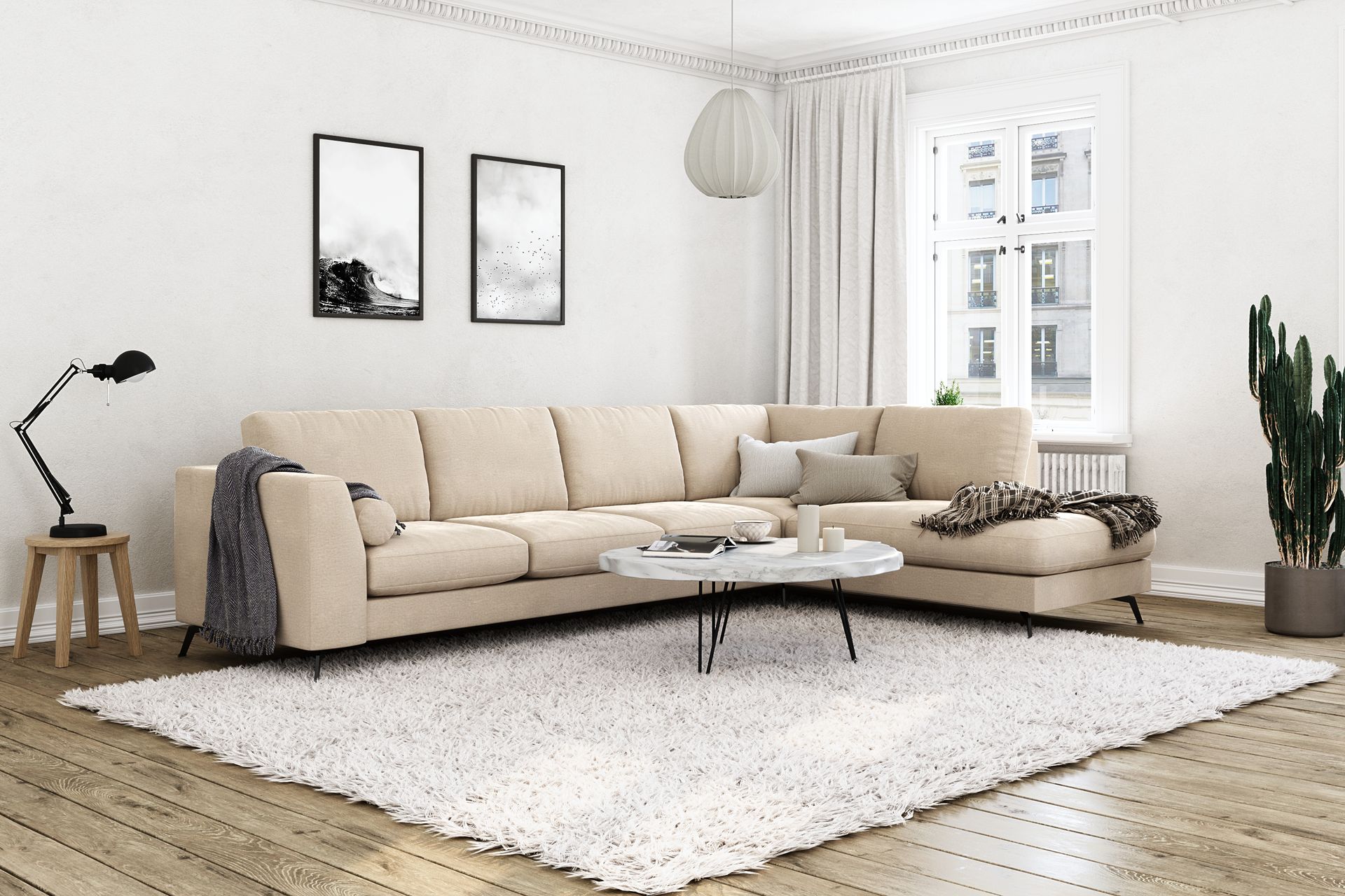 Ocean Lyx 4-istuttava Oikeakätinen L-muotoinen Divaanisohva Sametilla - Beige - Huonekalut - Sohva - Divaanisohva