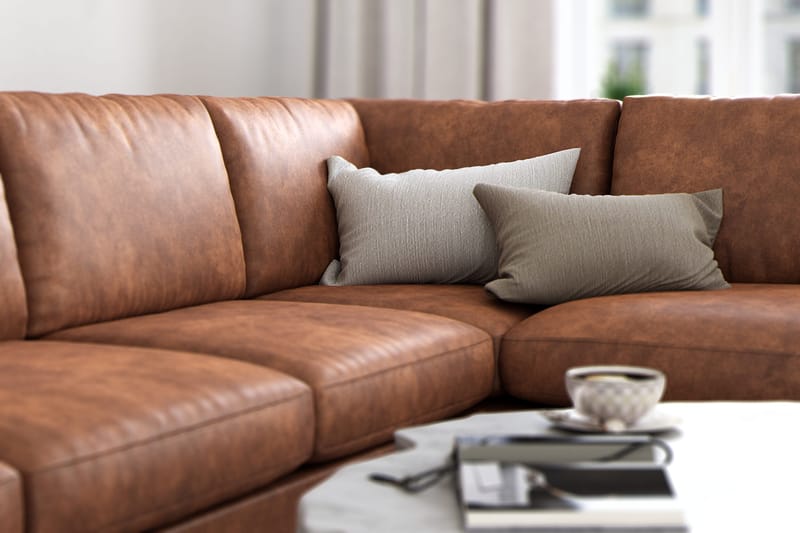 Ocean Lyx 5-istuttava Oikeakätinen L-muotoinen Divaanisohva Keinonahkalla - Ruskea - Huonekalut - Sohva - Divaanisohva - 4 istuttava sohva divaanilla