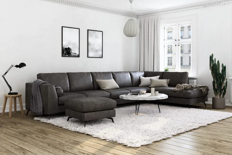 Ocean Lyx 6-istuttava Oikeakätinen U-muotoinen Sohva Divaanilla ja Divaanituolilla + Rahi Keinonahkalla - Tummanharmaa - Huonekalut - Sohva - U-Sohva
