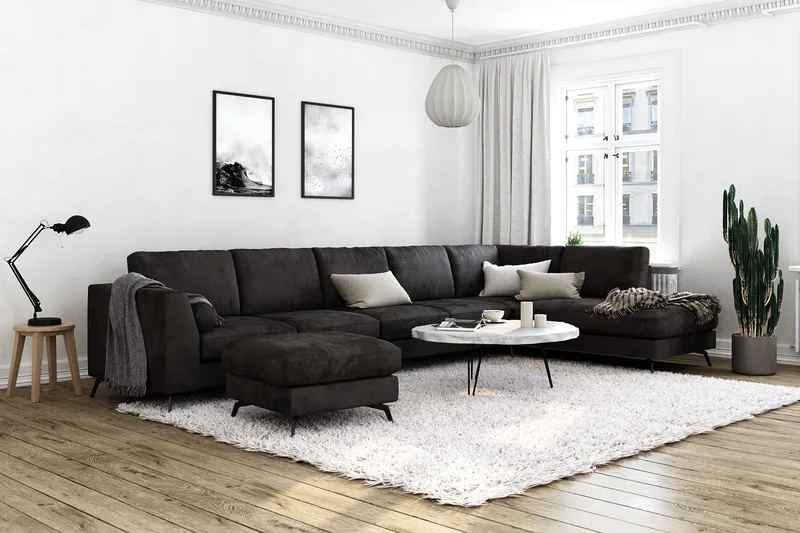 Ocean Lyx 6-istuttava Oikeakätinen U-muotoinen Sohva Divaanilla ja Divaanituolilla + Rahi Sametilla - Tummanharmaa - Huonekalut - Sohva - U-Sohva