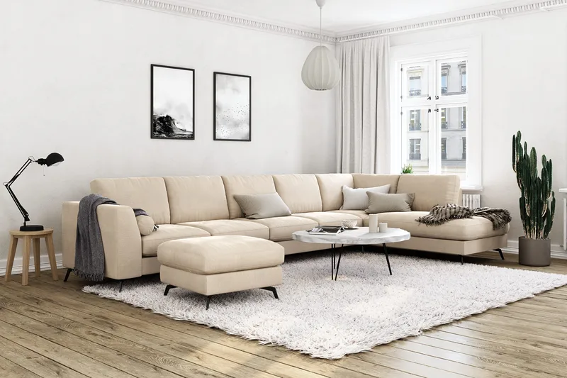 Ocean Lyx 6-istuttava Oikeakätinen U-muotoinen Sohva Divaanilla ja Divaanituolilla + Rahi Sametilla - Beige - Huonekalut - Sohva - U-Sohva