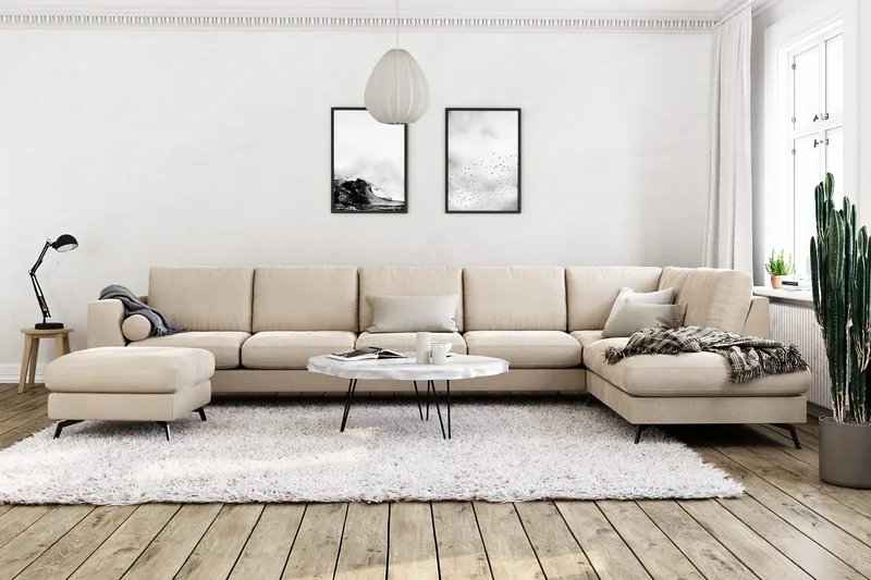 Ocean Lyx 6-istuttava Oikeakätinen U-muotoinen Sohva Divaanilla ja Divaanituolilla + Rahi Sametilla - Beige - Huonekalut - Sohva - U-Sohva