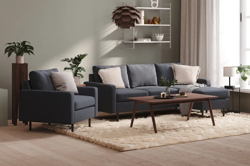 Peppe 3-istuttava Käännettävä L-muotoinen Divaanisohva Kankaalla - Tummanharmaa - Huonekalut - Sohva - Divaanisohva - 3 istuttava sohva divaanilla