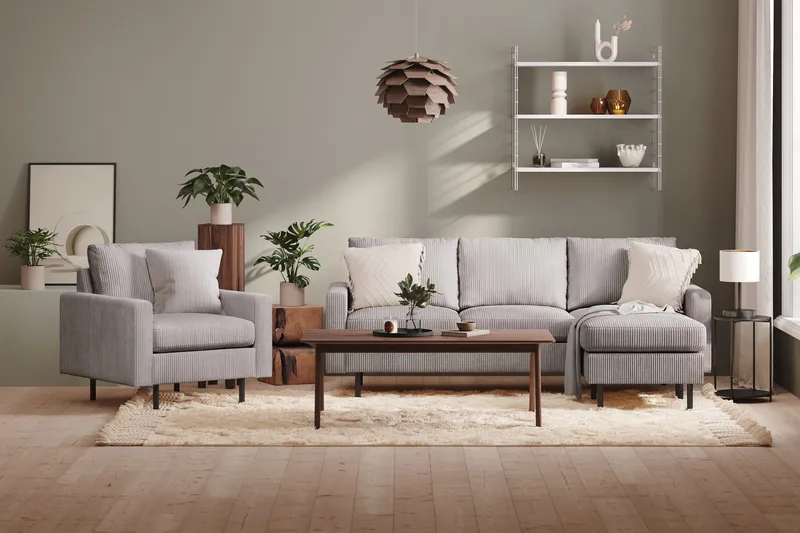 Peppe 3-istuttava Käännettävä L-muotoinen Divaanisohva Manchesterista - Tummanharmaa - Huonekalut - Sohva - Divaanisohva - 3 istuttava sohva divaanilla