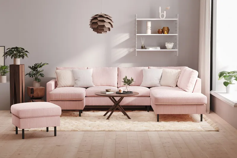 Peppe 4-istuttava Oikeakätinen U-muotoinen Sohva Divaanilla ja Divaaniosalla Manchesterista - Vaaleanpunainen - Huonekalut - Sohva - Divaanisohva