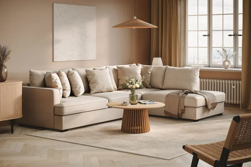 Rossita 4-istuttava Oikeakätinen L-muotoinen Syvä Leponurkkasohva Bouclé-kankaasta - Beige - Huonekalut - Sohva - Divaanisohva